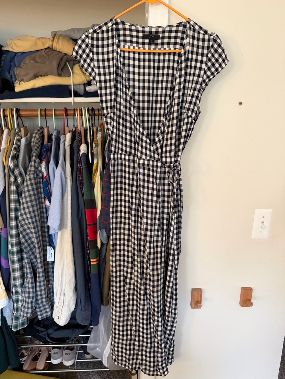 J. Crew Black and White Gingham Wrap Midi Dress